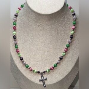 Vintage cats eye pastel Beaded Necklace with Cross Pendant springtime color